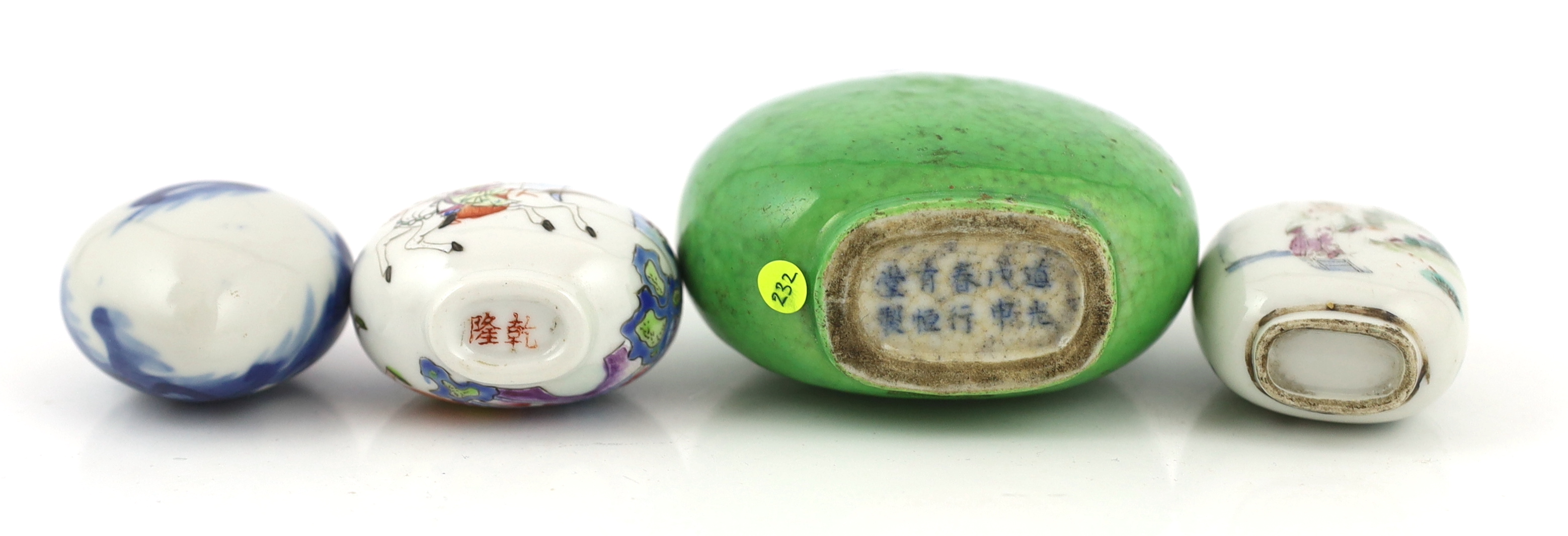 A large Chinese green crackle glazed snuff bottle, Daoguang mark and period, and three other 19th century porcelain snuff bottles